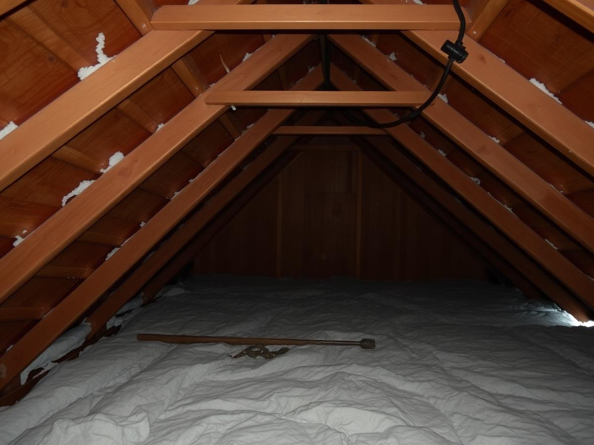 Under-insulated attic with bare rafters and thin settled fiberglass before insulation work